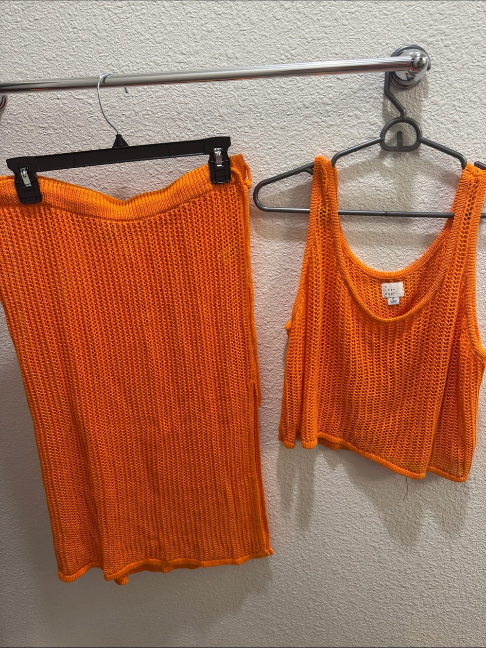 Bright Orange Knit Two-Piece Swim Cover Up Set - Sleeveless Crop Tank + Skirt